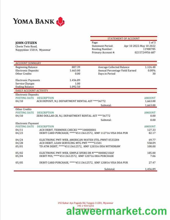 Myanmar Yoma Bank statement